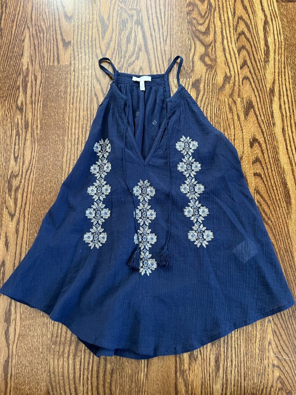 Joie Embroidered Tank Top Navy Sleeveless Tassel Tie XS
